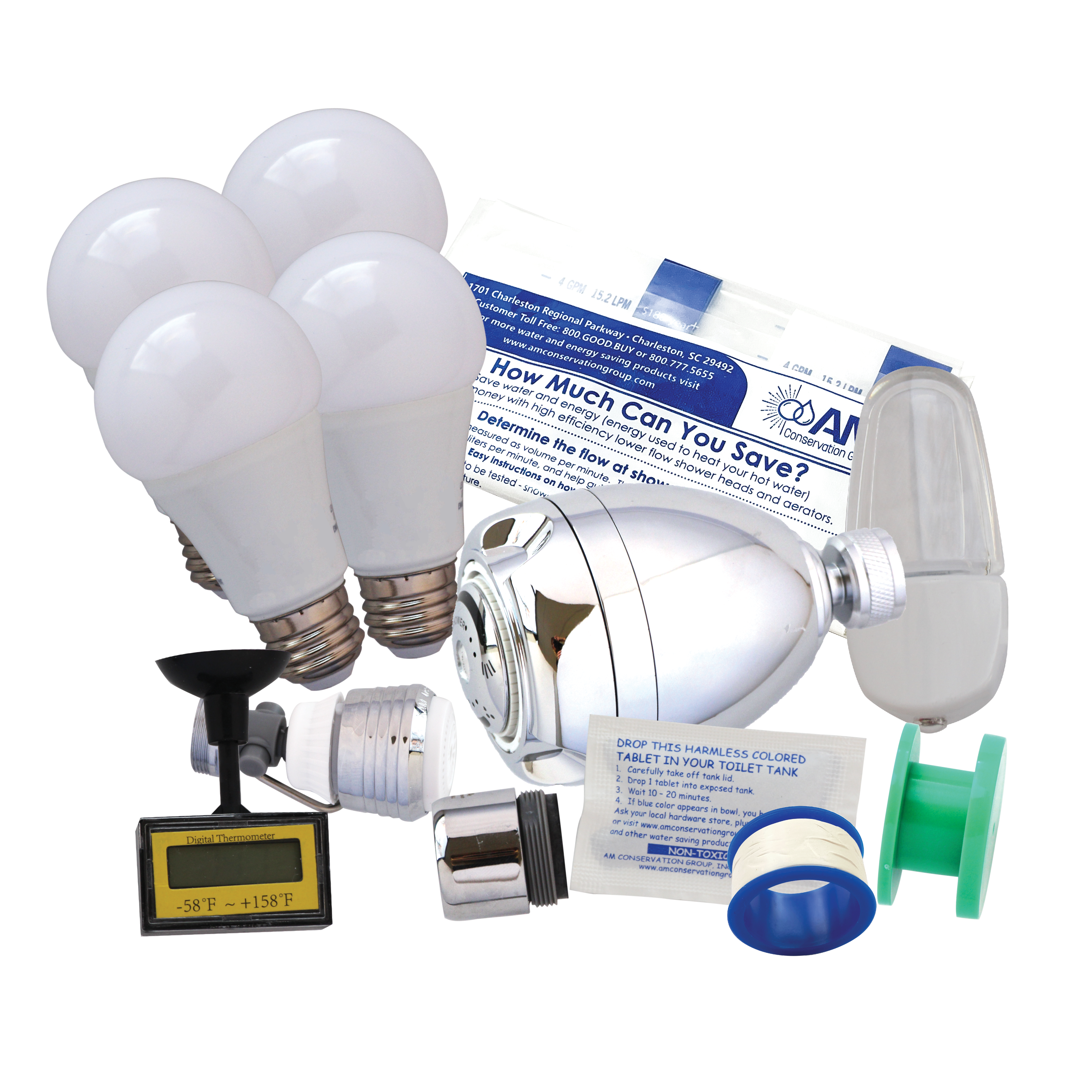 energy saving lightbulbs and other devices included in kit